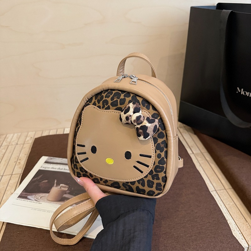 韩版可爱豹纹黑皮蛋仔kitty猫双肩包包早秋新款甜美外出手提背包|undefined
