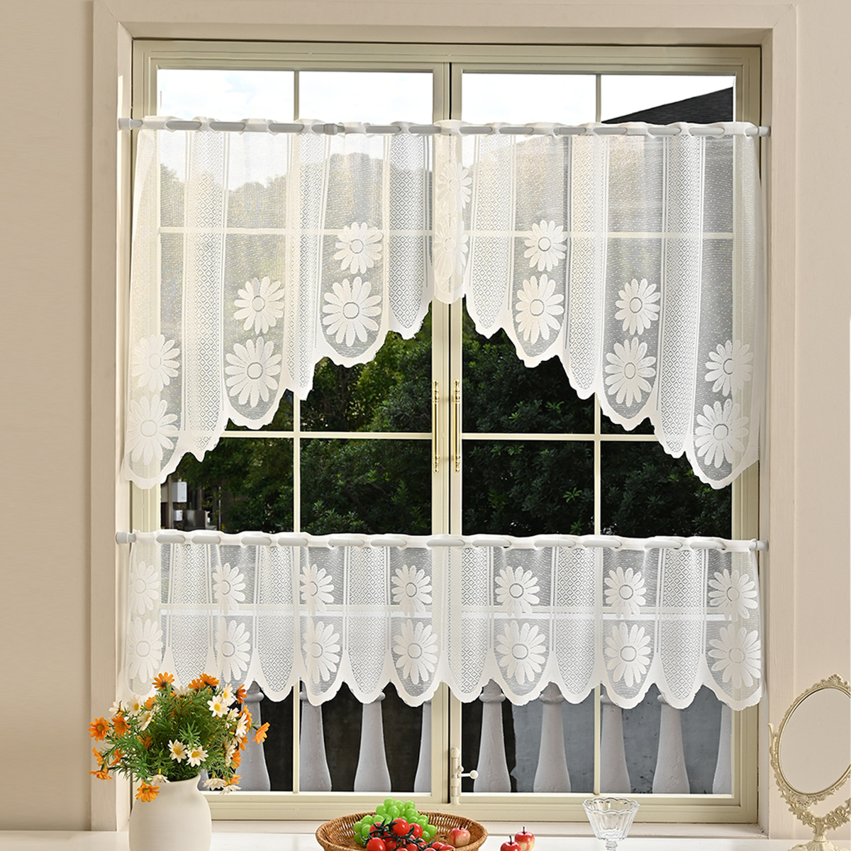 Nuevas flores gemelas transfronterizas cortinas de dos piezas cortinas de ventana de tela de tela de urdimbre cortinas de encaje de cocina al por mayor