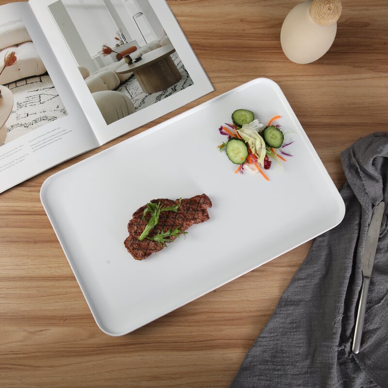 Melamine Tableware Rectangular Plate with a Stylish Design, Rolled Edge Plate, White Tray, Western-Style Steak Plate, Pasta Plate, Dinner Plate