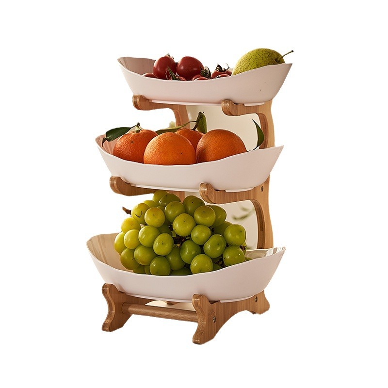 Plato de frutas creativo de tres capas y múltiples capas Plato de frutas secas de lujo ligero de estilo europeo Plato de bambú y madera Plato de bocadillos para el hogar Bandeja de dulces Cesta de frutas