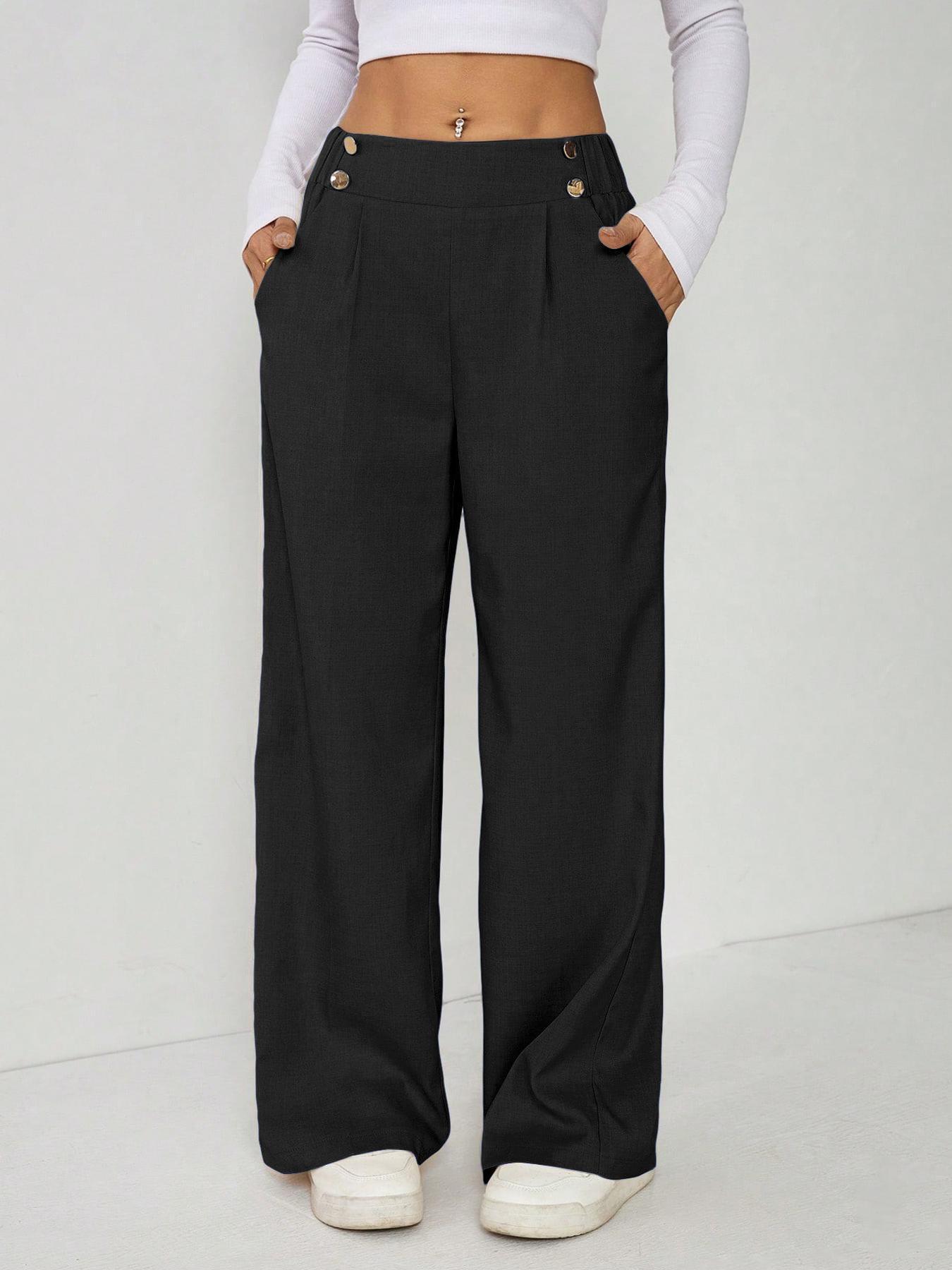 Women's Wide Leg Straight Leg Trousers Casual Fashion European American Style Button Decoration Commuting Pants_ecoleips.com