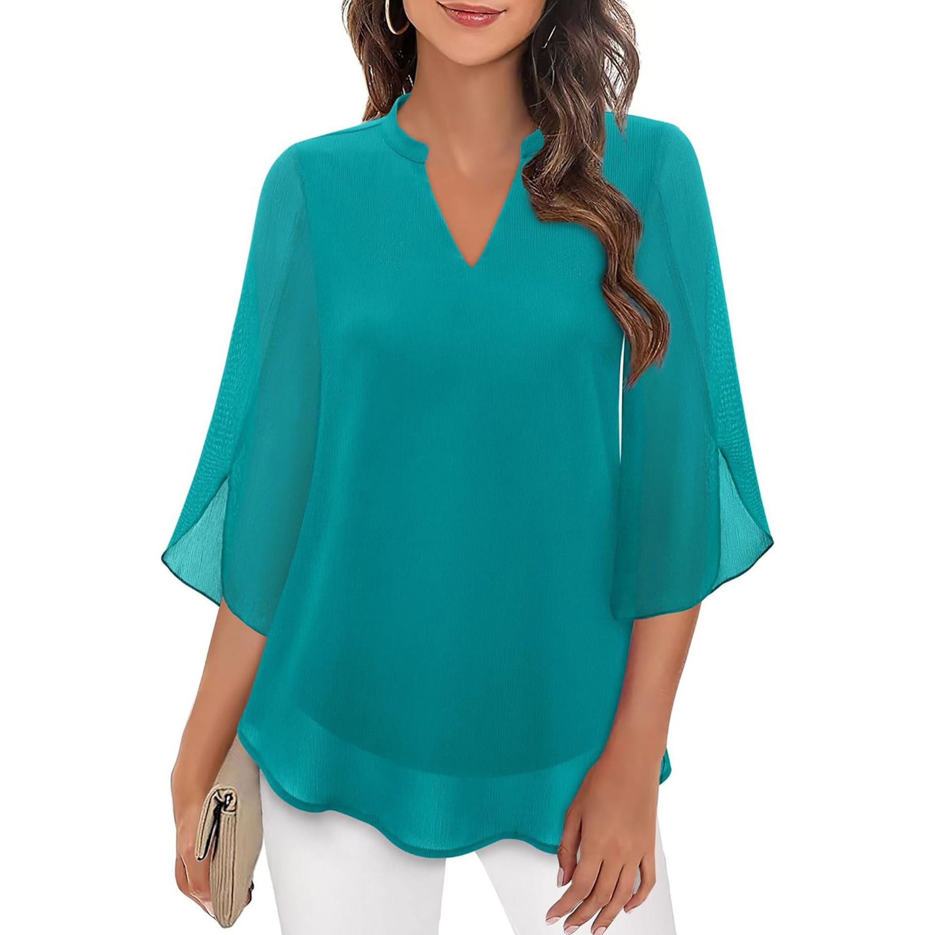 2026 Cross-Border Casual Summer New European And American Women's Petal Sleeve Loose V-Neck Chiffon Blouse_voghion.com