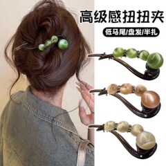 新中式風グリーンツイストヘアピン 女性用 2025年新作 上品で万能な後頭部ヘアアクセサリー 国潮風