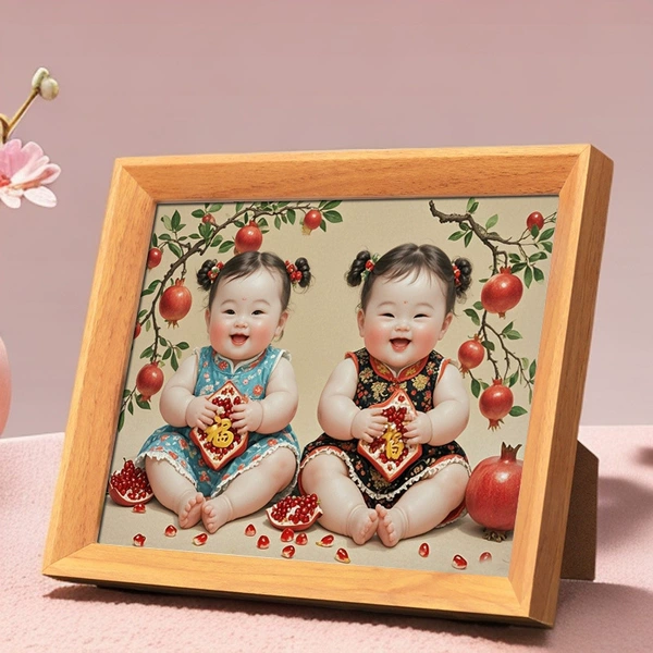 Many children and many blessings-twins (female) 1-(wooden frame) elm color
