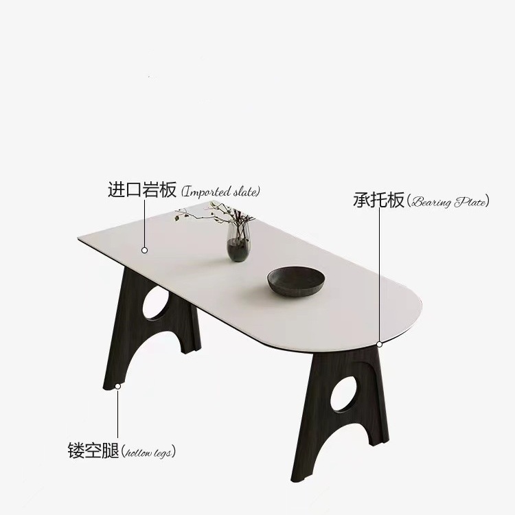 Mesa de comedor de la península de pizarra de roca ovalada de madera maciza estilo retrógrado simple mesa de comedor de pizarra de roca blanca pura