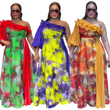 非洲大码女装印花一字肩连衣裙速卖通外贸欧美跨境春夏雪纺长裙子