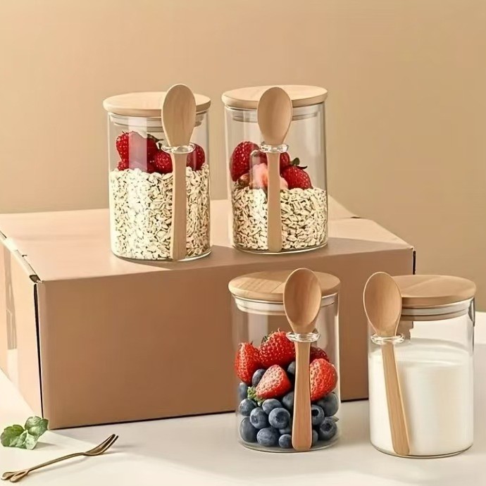 Transfronterizo transparente redonda cubierta de bambú lata de vidrio con cucharas de bambú almacenamiento de cocina barro de queso de trigo barro a prueba de humedad lata de sellado de cilindro recto