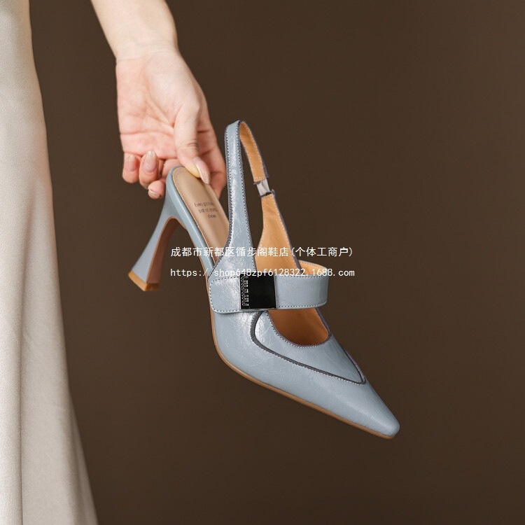 Fashionable high-heeled matte blue backless sandals, closed-toe all-season shoes, black and light blue stiletto heel with buckle for women Fashionable high-heeled matte blue backless sandals, closed-toe all-season shoes, black and light blue stiletto heel with buckle for women