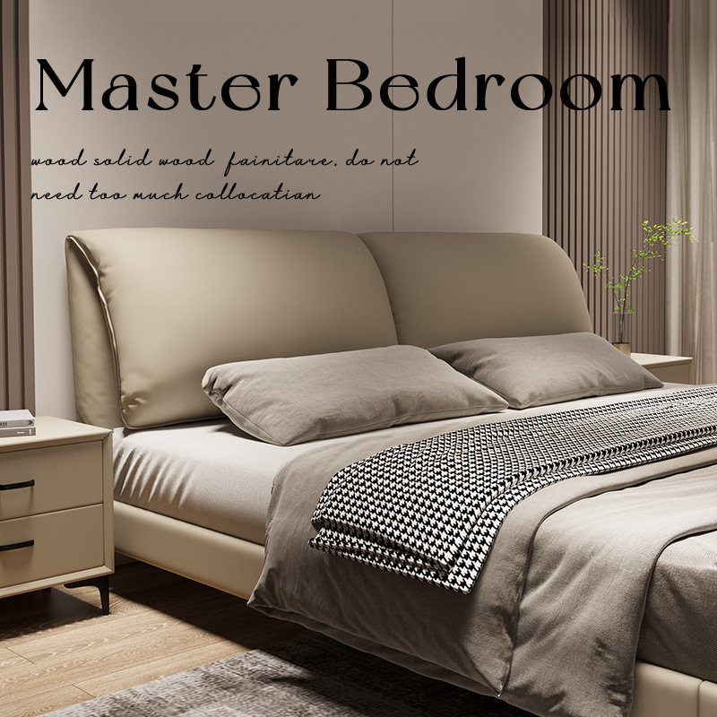 Cama de cuero con orejas de elefante, lujo ligero, dormitorio principal simple moderno, cama grande, cama de boda minimalista italiana, cama de cuero