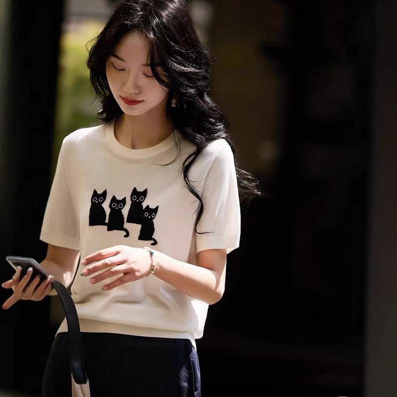 ["F4 Cat" Knitted T] Mulberry Silk Tencel Shirt Age-reducing Skinny Short-sleeved Jacket Women's 25 New Spring/Summer Products