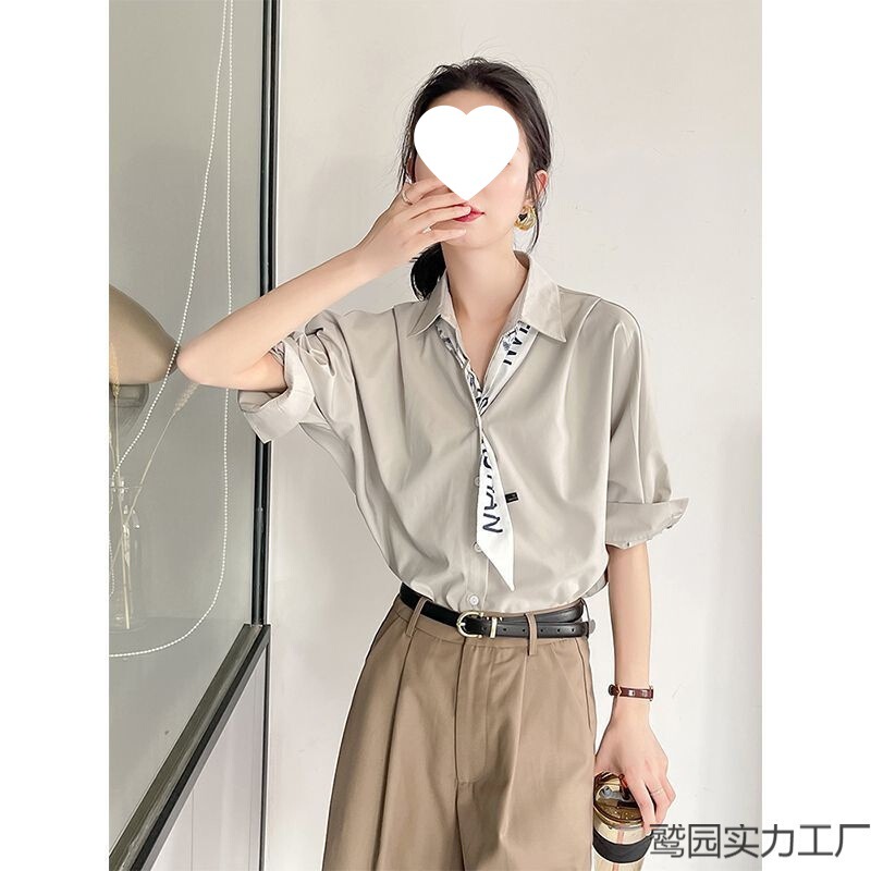 夏季薄款纯色短袖衬衫女时尚个性轻熟风百搭衬衣小众气质显瘦上衣|undefined