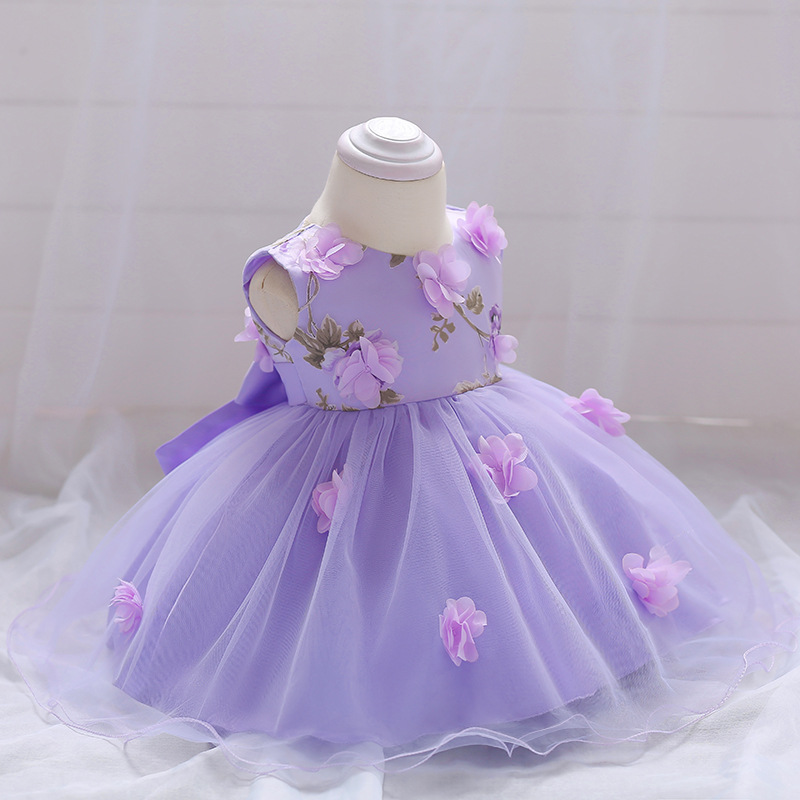 Nuevo vestido de cumpleaños transfronterizo 2026 para bebés y niños pequeños con estampado floral, vestido de flores 3D para niños con diseño de luna llena, vestido de princesa para cumpleaños.