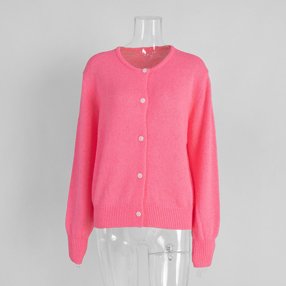 Áo cardigan len dệt kim dáng mỏng nhẹ cài nút một hàng, tay dài cổ tròn nữ — hoa hồng đỏ, màu be, màu cam, màu hoa cà