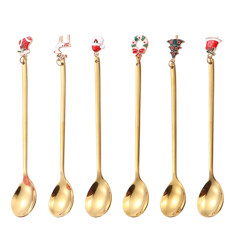 Productos transfronterizos cubiertos de acero inoxidable regalos de Navidad cucharas y tenedores juegos de postre cucharas de café mezclar Navidad colchones