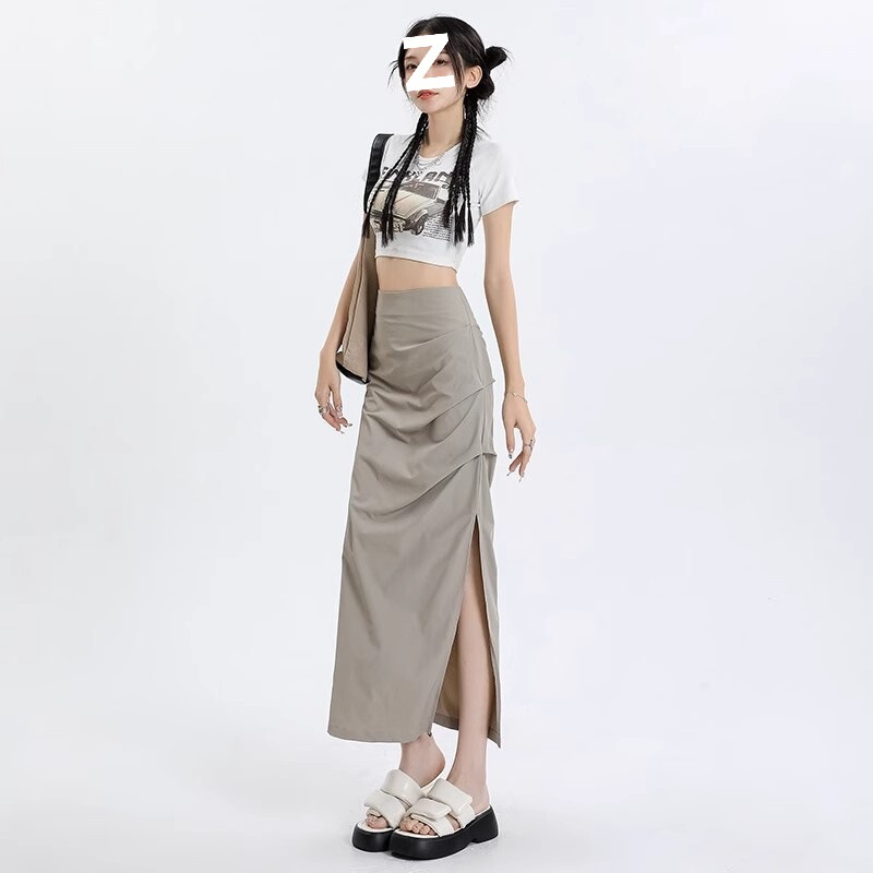 Side zipper] hot girl pleated split work skirt summer thin waist slim A- line hip all-match skirt