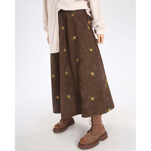 Vintage Brown Corduroy Skirt A Midi Skirt Early Autumn Embroidered Floral Forest System Knee-Length Skirt