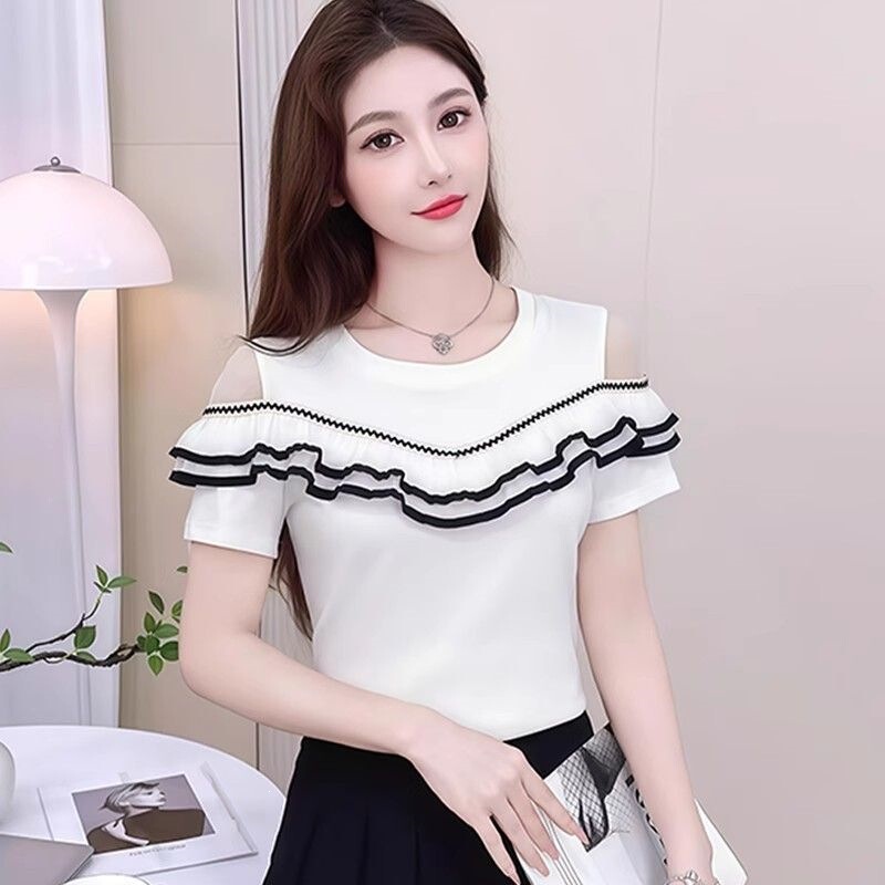 Lotus Leaf Lace Off-Shoulder Short-Sleeved T-Shirt for Women 2026 Summer New Fashion Style with Contrasting Colors and Super Nice-Looking Clothes