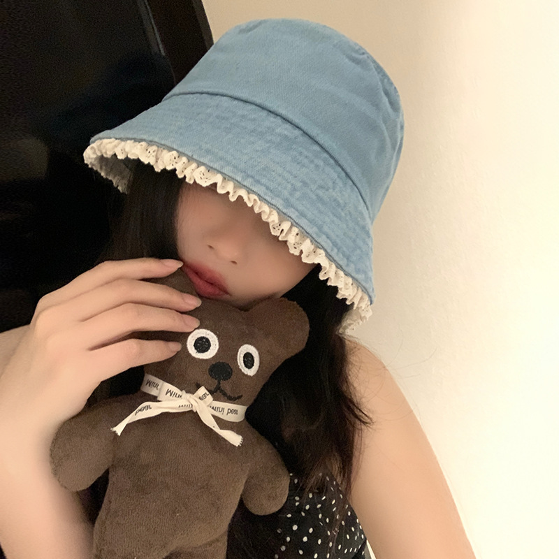 Bonito sombrero de pescador, sombrero de vaquero de borde de encaje, sombrero de bañera, sombrero de sombrero de alta calidad, sombrero de sombrero de la universidad, viento de la cara, sombrero de cubo pequeño, mujer