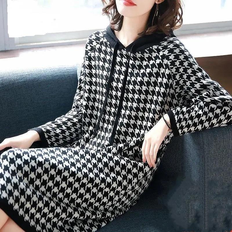 Chubby Sister plus size dress Mid-length Over-the-Knee Skirt Houndstooth Western-style Top Autumn Houndstooth dress