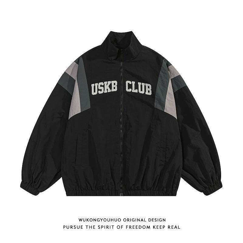 American retro calle costura stand collar chaqueta hombres y mujeres 2024 primavera nueva vintage deportes top