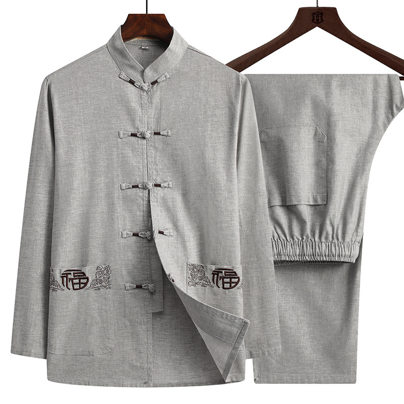Hanfu Men's Long-sleeved Spring and Summer Cotton and Linen Middle-aged Tang Suit Men's Suit Spring and Summer Dad Suit Old Man's Suit Grandpa's Summer Suit