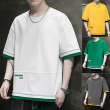 短袖T恤男士夏季韩版2025男装休闲百搭上衣潮流五分袖假两件体恤