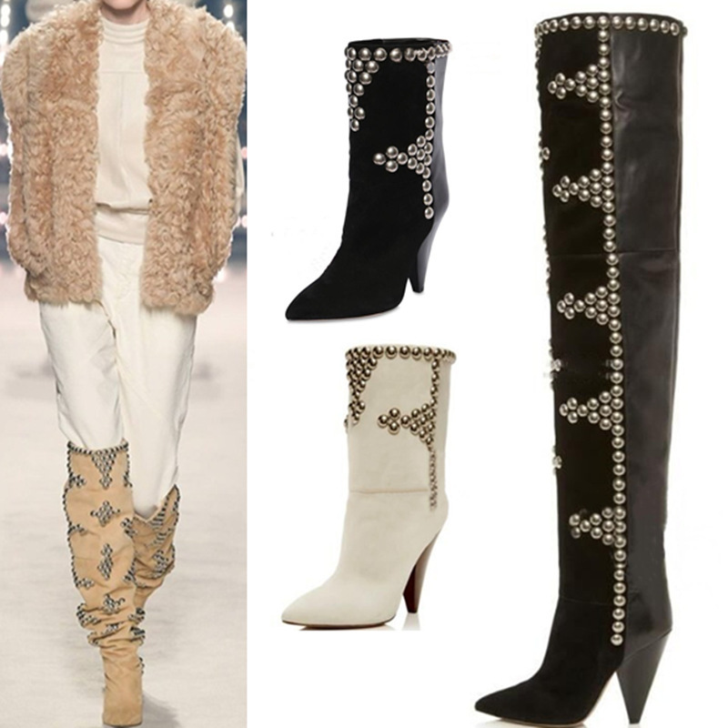 European and American Genuine Leather Fashion Boots Knee-high Rivet Boots Wedge Pointed-toe Fashion Show Over-the-knee Boots Knight Boots European and American Genuine Leather Fashion Boots Knee-high Rivet Boots Wedge Pointed-toe Fashion Show Over-the-knee Boots Knight Boots