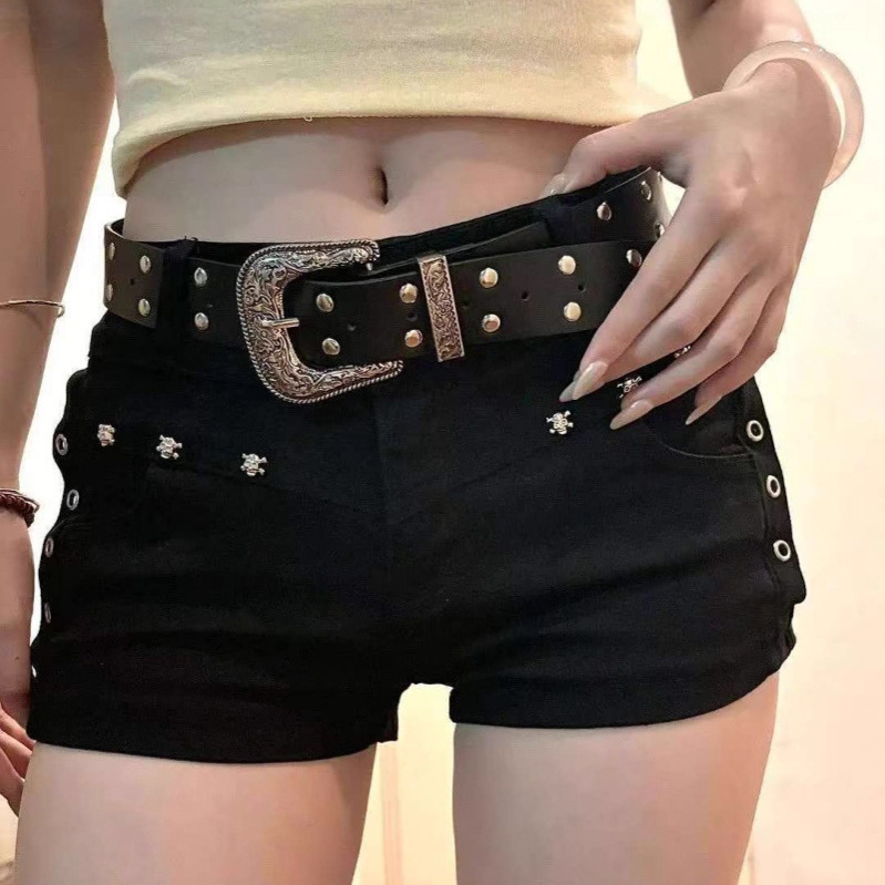 American Retro Hottie Millennial Style Y2K Black Denim Super Shorts for Women Summer Elastic Slim Fit Hip-Hugging Hot Pants