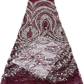 重工蕾丝底加钻布料珠管亮片刺绣派对婚纱晚礼服面料 lace fabric