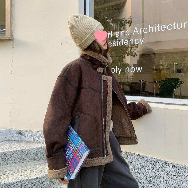 Fur Integrated Imitation Lamb Wool Jacket for Women Winter 2024 New Retro Motorcycle Jacket Maillard Fleece-Lined Thickeneded Jacket