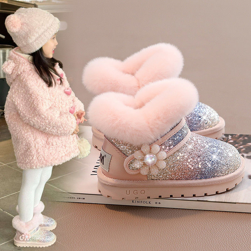 2025 New Winter Velvet Thickeneded Baby Princess Boots Warm Cotton Boots Girls Snow Boots Kidsren's Large Cotton Shoes