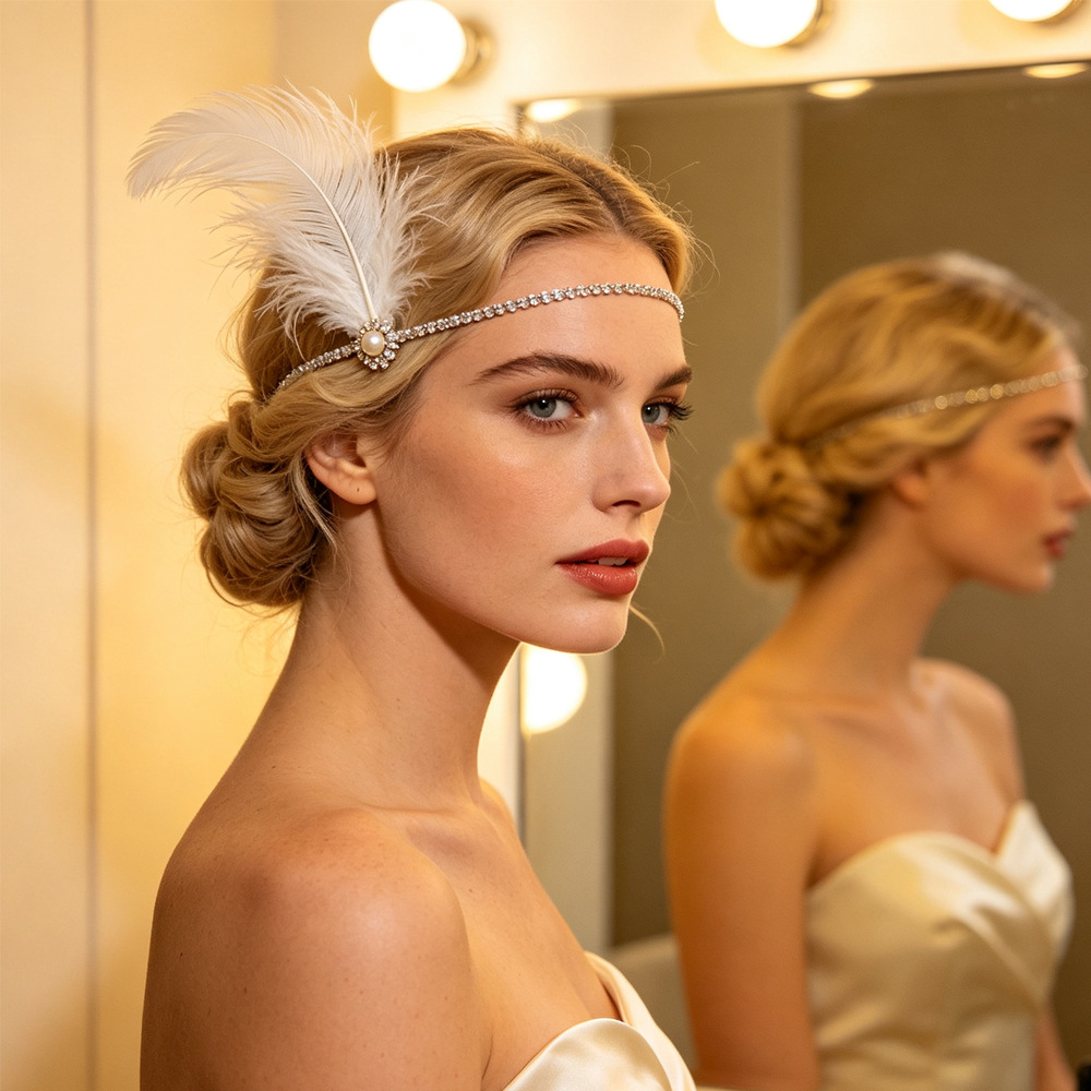 New Gatsby-style floral feather hair chain, rhinestone headpiece for single ladies' parties, versatile women's hair accessory