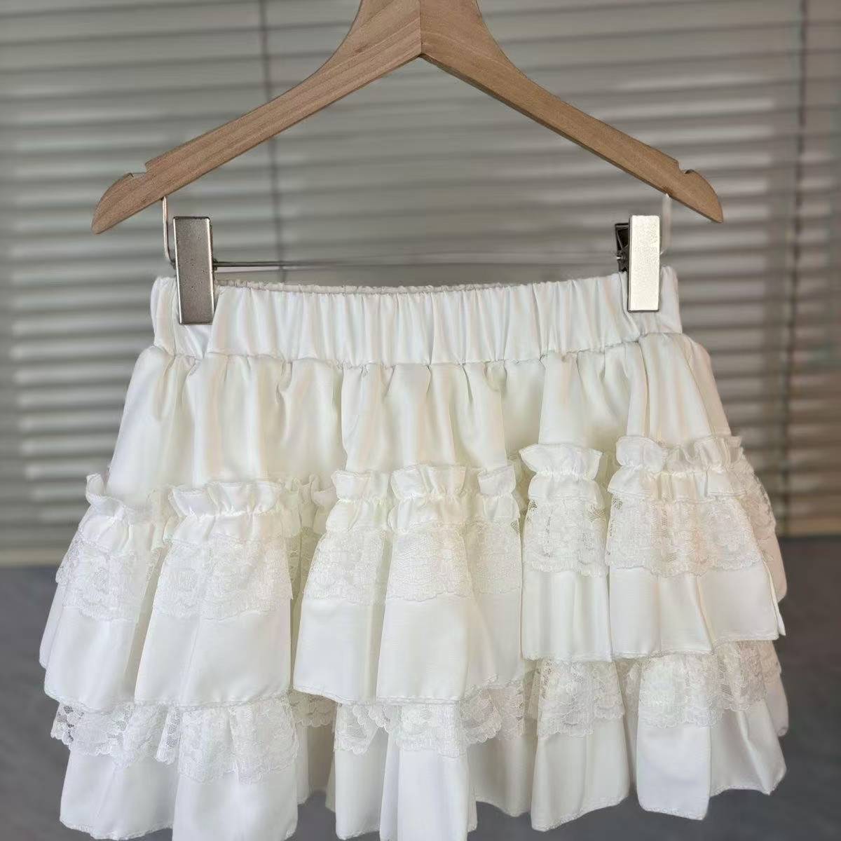 Sweet White Puffy Cake Skirt, High-Waist Pleated Lolita Half Skirt, Polyester — detail image 1