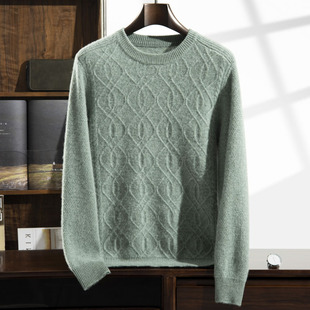 Autumn and winter 2024 new cashmere seven-pin double-strand thickened crew neck sweater men's twist flower pullover base shirt