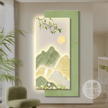奶油风玄关装饰画日照金山入户正对门挂画led灯山水叠加玄关壁画