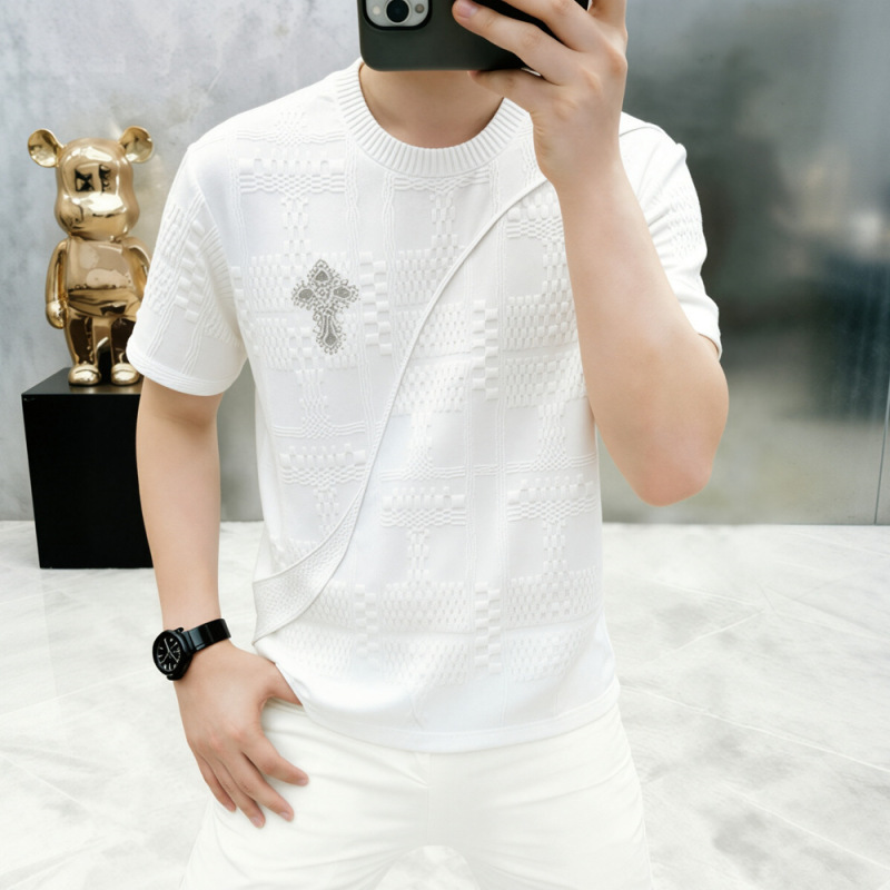 Knitted Short-Sleeve T-Shirt for Men, Summer Bee Embroidery, Ice Silk Round Neck Top, Slim Fit, Cool Half-Sleeve T-Shirt, Thin Knitted Short-Sleeve T-Shirt for Men, Summer Bee Embroidery, Ice Silk Round Neck Top, Slim Fit, Cool Half-Sleeve T-Shirt, Thin