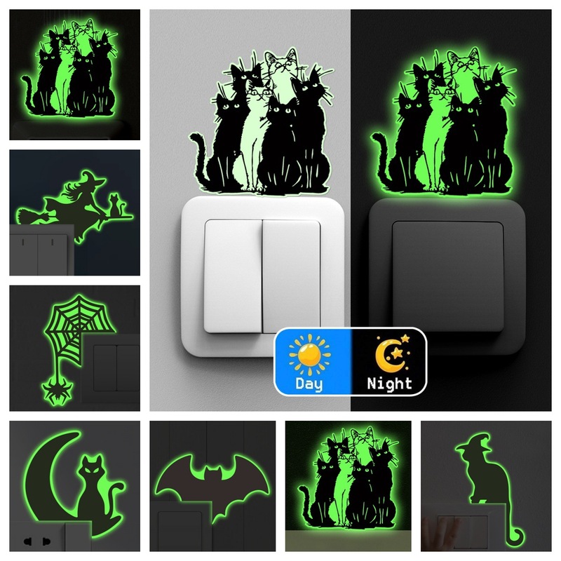 ハロウィン新グリーン発光ゴースト黒猫コウモリ漫画動物スイッチソケット装飾発光スイッチステッカー|undefined