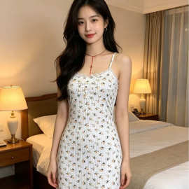 欧美外贸纯欲碎花吊带睡裙夏季薄款修身显瘦家居服法式性感连衣裙