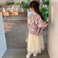 女童套装秋冬新款儿童立体花朵毛衣加绒韩版公主纱裙半身裙两件套