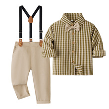 源头工厂童装秋季新款儿童长袖衬衣绅士套装男童格子衬衣背带裤