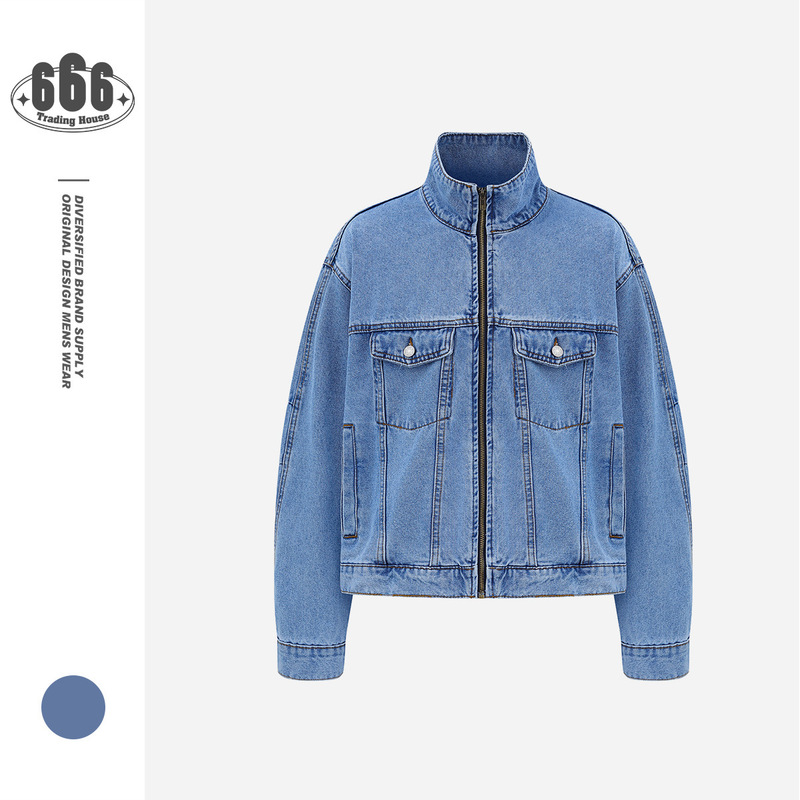 Forn3 Retro 90S Snowflake Washed Motorcycle Stand Collar Jacket Men's and Women's Loose Denim Jacket N1592