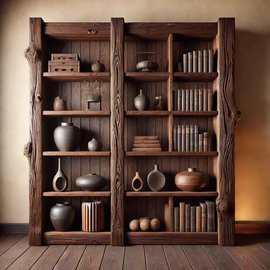 侘寂风老榆木博古架复古书架实木隔断多宝阁展示架仿古茶杯置物架