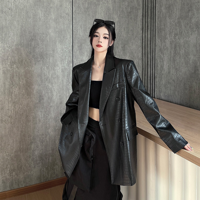 2026 Early Autumn Crocodile Pattern Black Leather Suit Jacket for Women, High-End Loose Casual Pu Leather Suit Top for Women 2026 Early Autumn Crocodile Pattern Black Leather Suit Jacket for Women, High-End Loose Casual Pu Leather Suit Top for Women