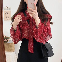 赤いシフォンの上着の女性の長袖のファッション2025春の小さいシャツの新型の花のシャツの女性の超仙の洋風の底のシャツ