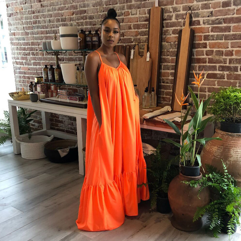 Amazon's Best-Selling European and American Sexy Suspender Sleeveless Solid Color Long Dress with Large Hem Summer Loose Long Dress