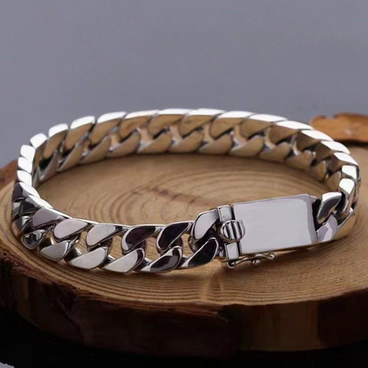S925 Sterling Silver Bracelet Cuban Simple Punk Bare Silver Chain Korean Style Fashion Couple Thai Silver Trendy Chain