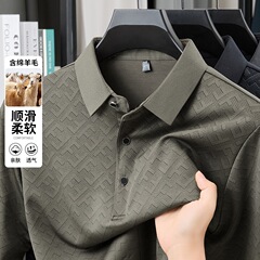 跨境 2025年秋季绵羊毛长袖中年男士T恤宽松高档翻领上衣一件代发