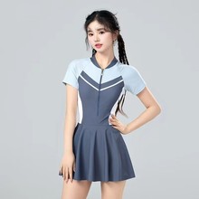特价25年新款泳衣女夏季保守遮肚显瘦连体裙式游泳衣温泉运动短袖