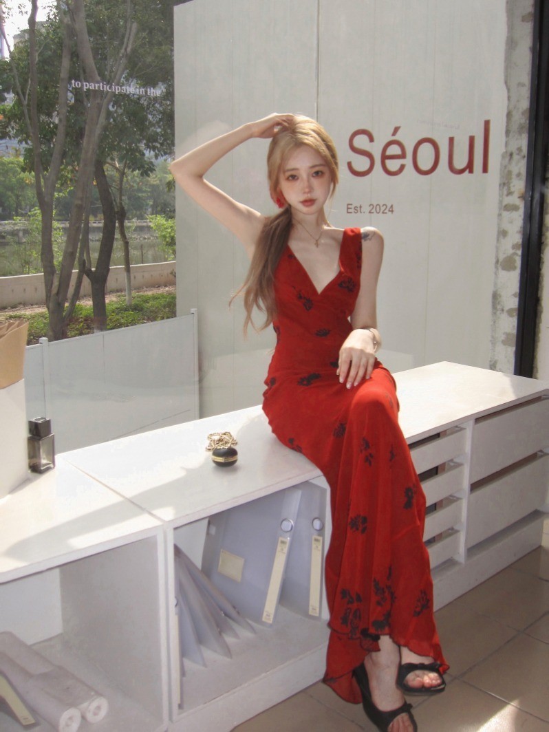 Shiffon retro red summer dress