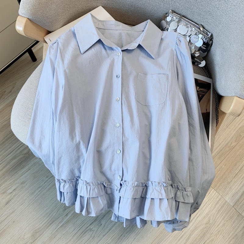 广州十三行高货爆款~蓝长袖衬衫女翻领宽松设计感木耳边蓝色衬衣|undefined